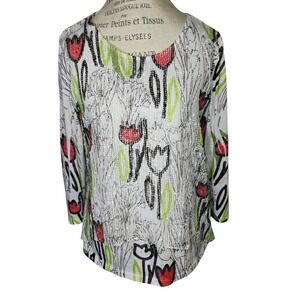 Jess & Jane Top Womens PM Floral Artsy V-Neck Mesh Overlay Lagenlook Art To Wear
